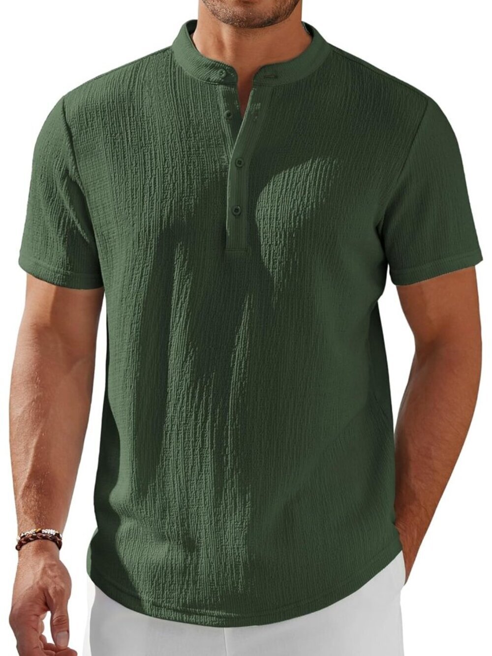Men's Army Green Henley Short Sleeve Stand Collar Summer Casual Hippie Shirts